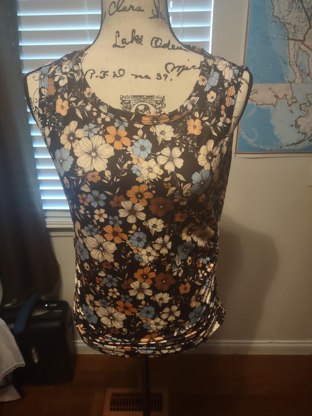 SHEIN Black Floral Sleeveless Tank with Blue & Brown Blooms